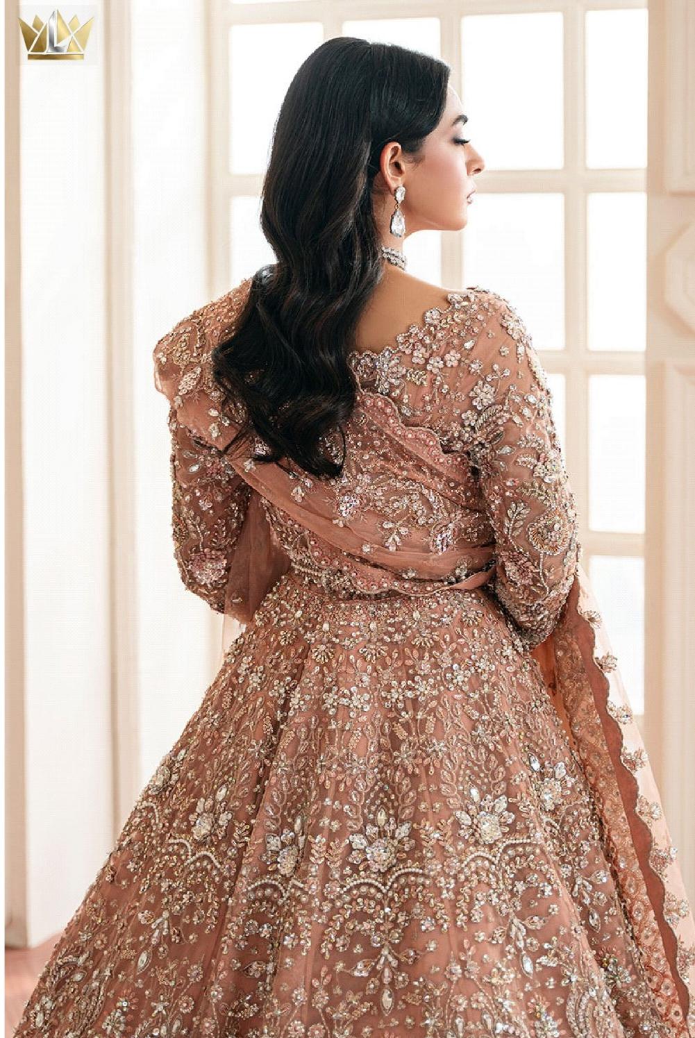 Rose Gold Hand-Embroidered Bridal Maxi Lehenga with Scalloped Dupatta