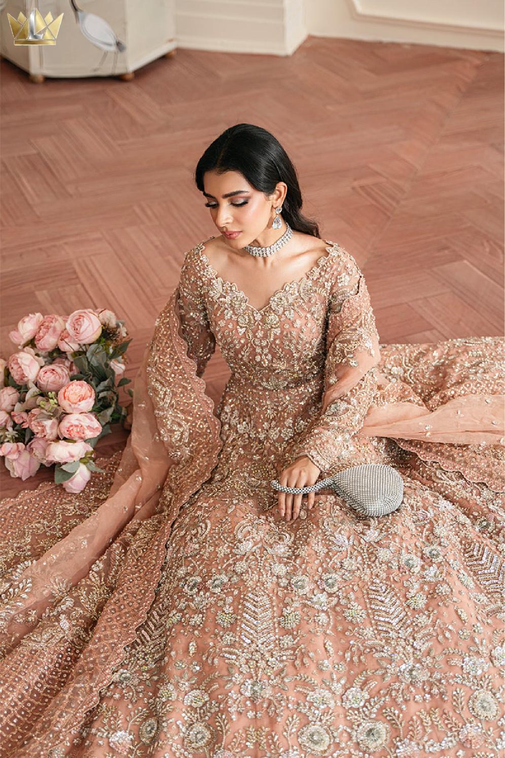 Rose Gold Hand-Embroidered Bridal Maxi Lehenga with Scalloped Dupatta