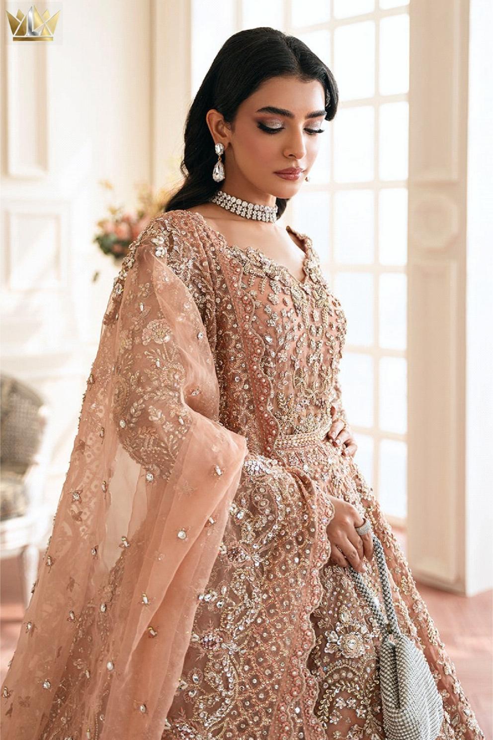Rose Gold Hand-Embroidered Bridal Maxi Lehenga with Scalloped Dupatta