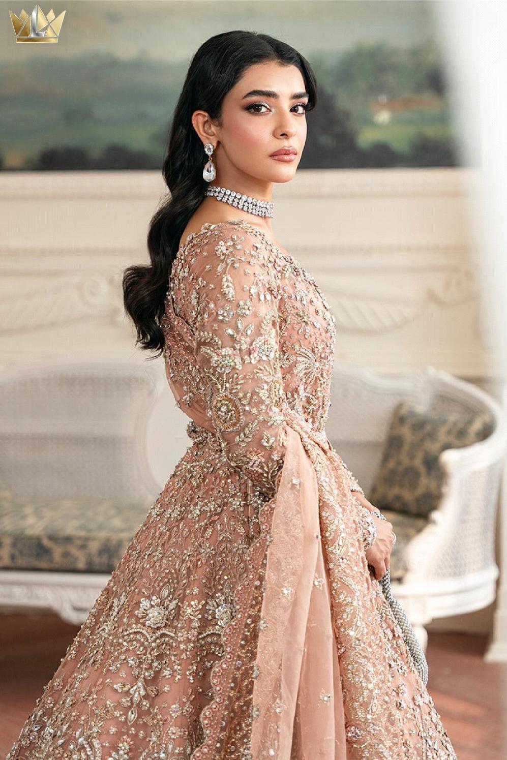 Rose Gold Hand-Embroidered Bridal Maxi Lehenga with Scalloped Dupatta