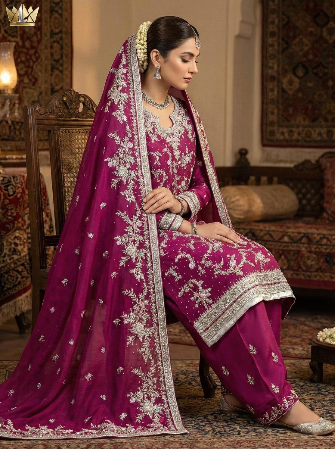 Noor-e-Kashmir | Magenta Silver-Embroidered Festive Ensemble | Party Wear | Luxeon Boutique