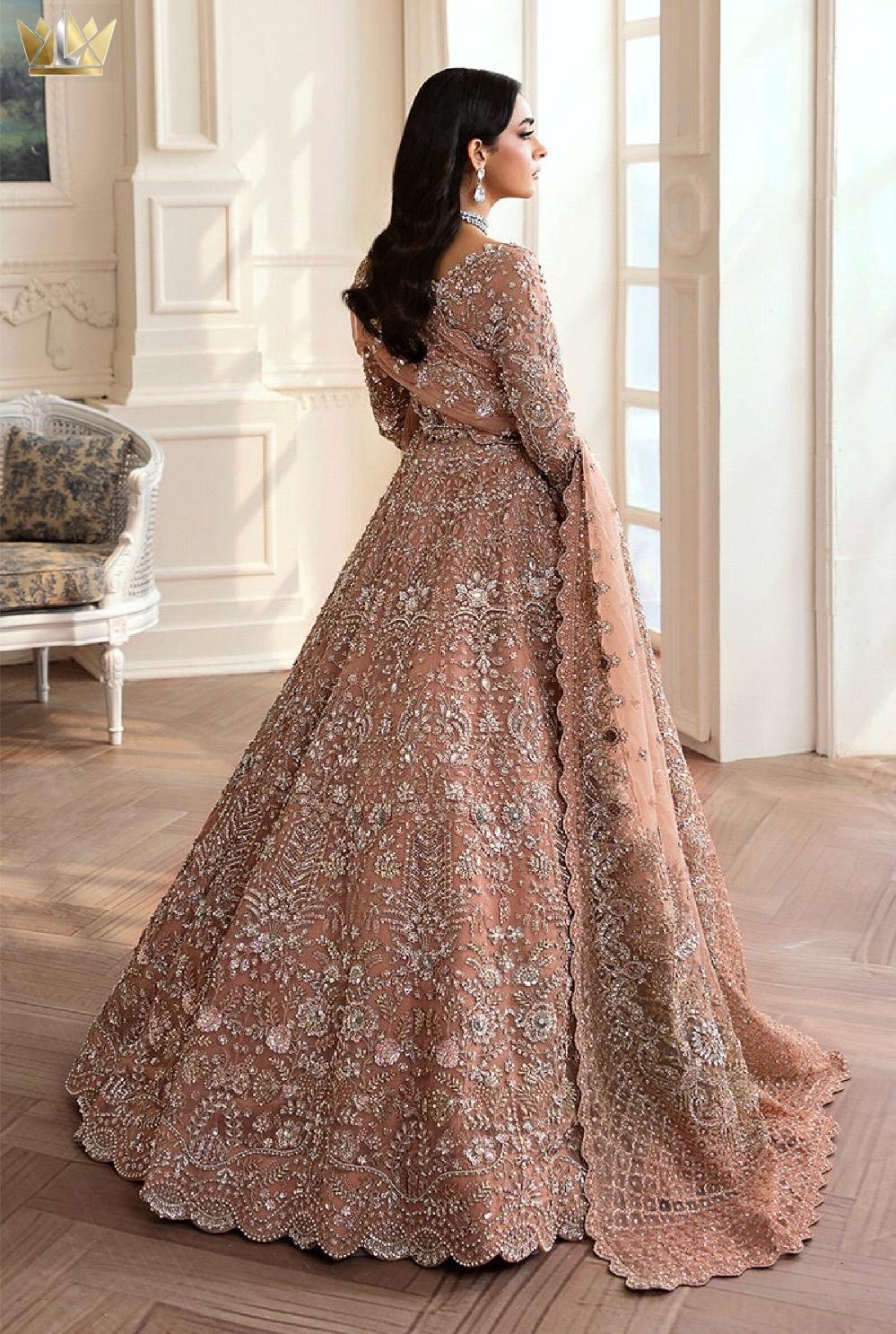 Rose Gold Hand-Embroidered Bridal Maxi Lehenga with Scalloped Dupatta