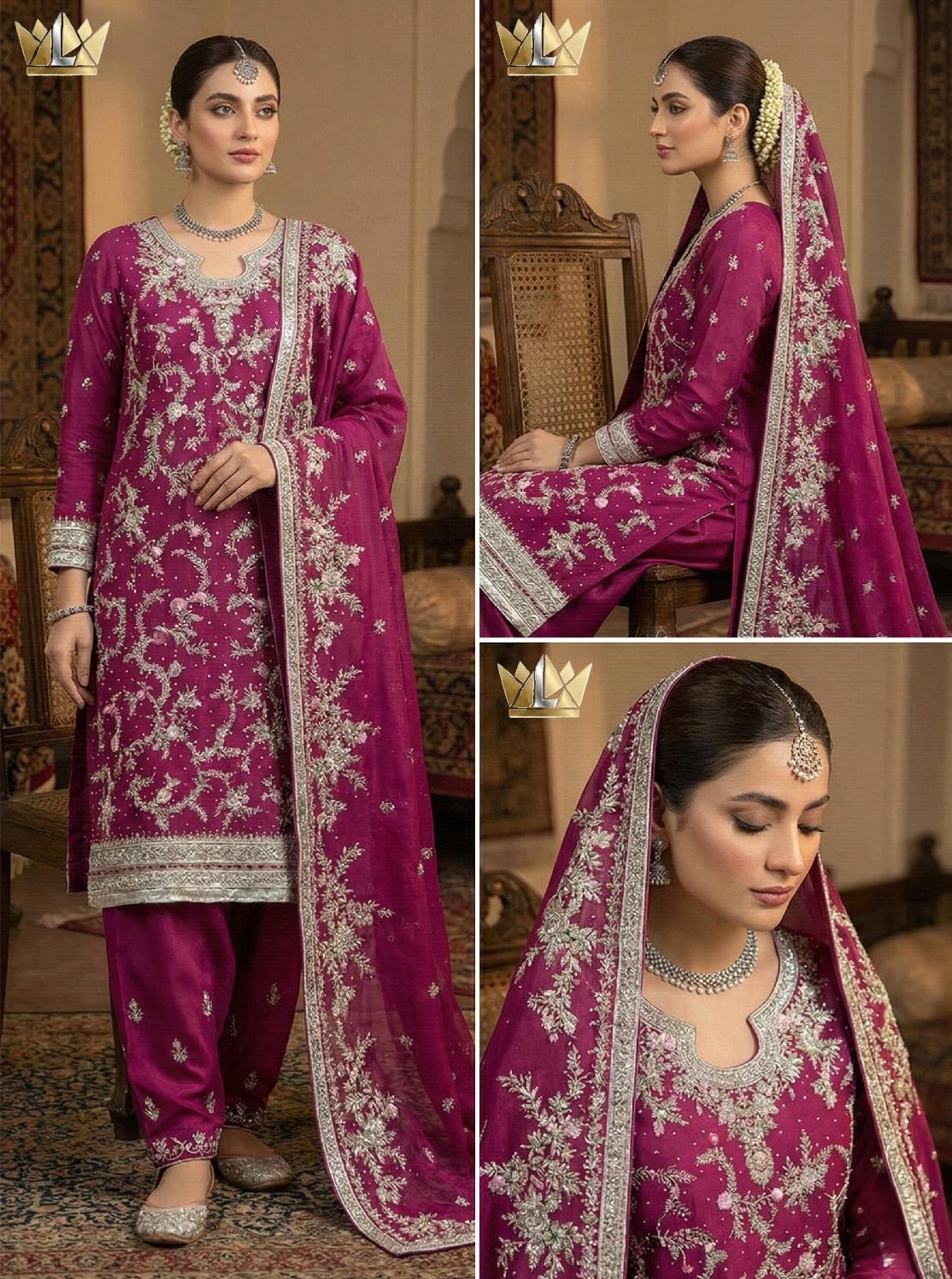 Noor-e-Kashmir | Magenta Silver-Embroidered Festive Ensemble | Party Wear | Luxeon Boutique