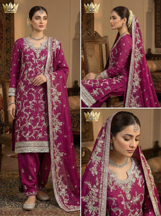 Noor-e-Kashmir | Magenta Silver-Embroidered Festive Ensemble | Party Wear | Luxeon Boutique