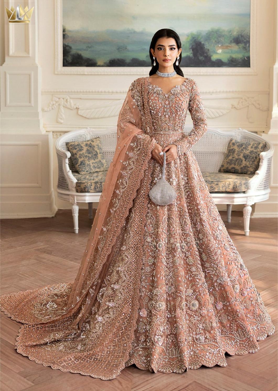 Rose Gold Hand-Embroidered Bridal Maxi Lehenga with Scalloped Dupatta
