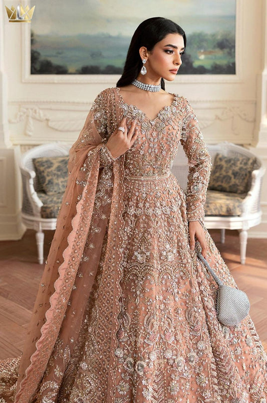 Rose Gold Hand-Embroidered Bridal Maxi Lehenga with Scalloped Dupatta