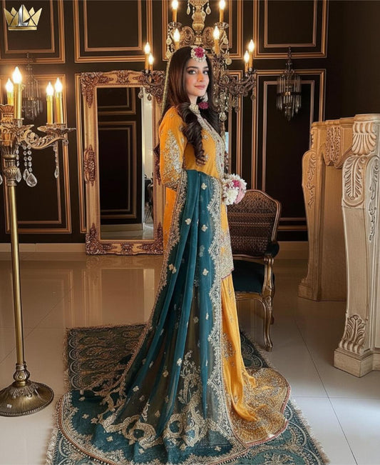Teal Heavily Embroidered Bridal Sharara Set