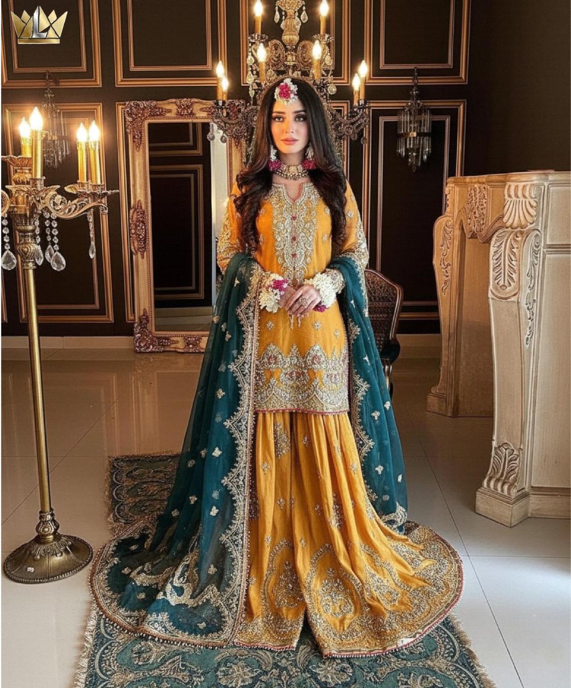 Teal Heavily Embroidered Bridal Sharara Set