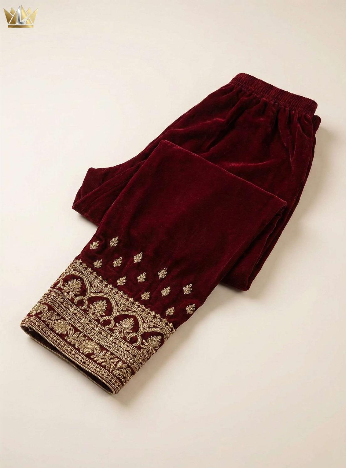 Maroon Velvet Bridal Lhenga | Hand-Embroidered