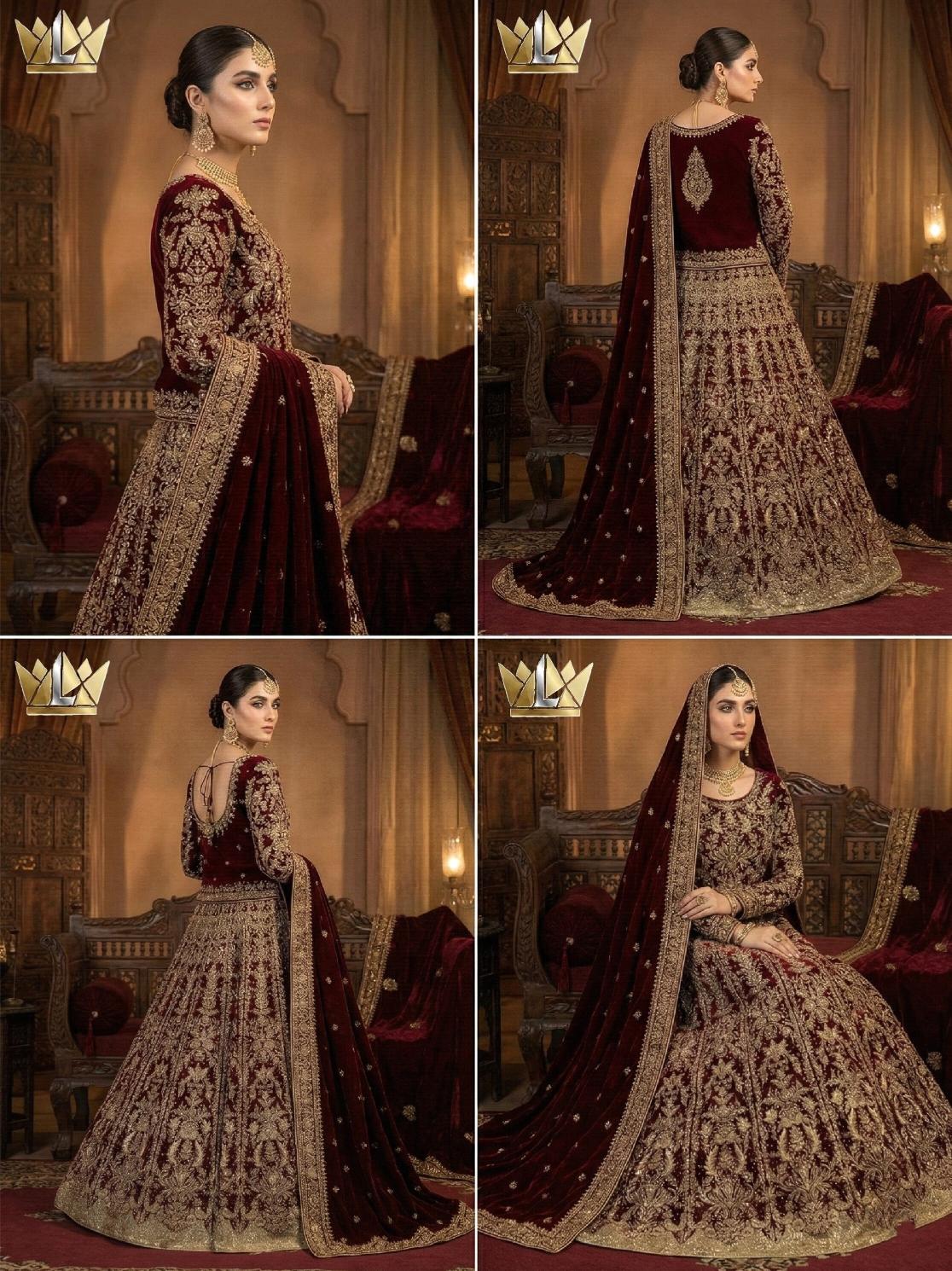Maroon Velvet Bridal Lhenga | Hand-Embroidered