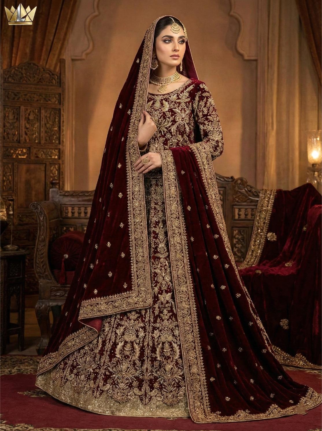 Maroon Velvet Bridal Lhenga | Hand-Embroidered